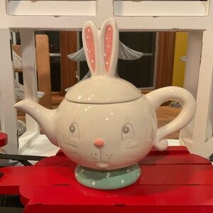 Whimsical Bunny Ceramic Teapot - White with Pink & Mint Accents